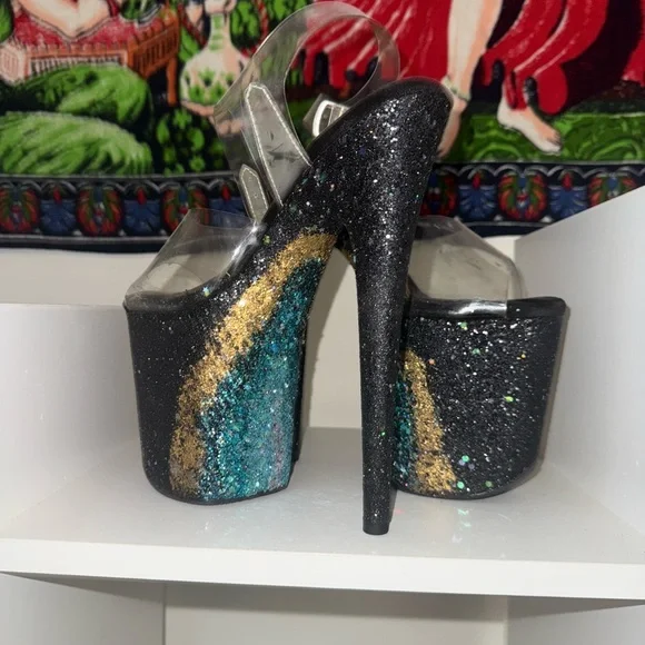 Pleaser Black and Gold Glitter Heels with Clear Straps - Picture 1 of 4